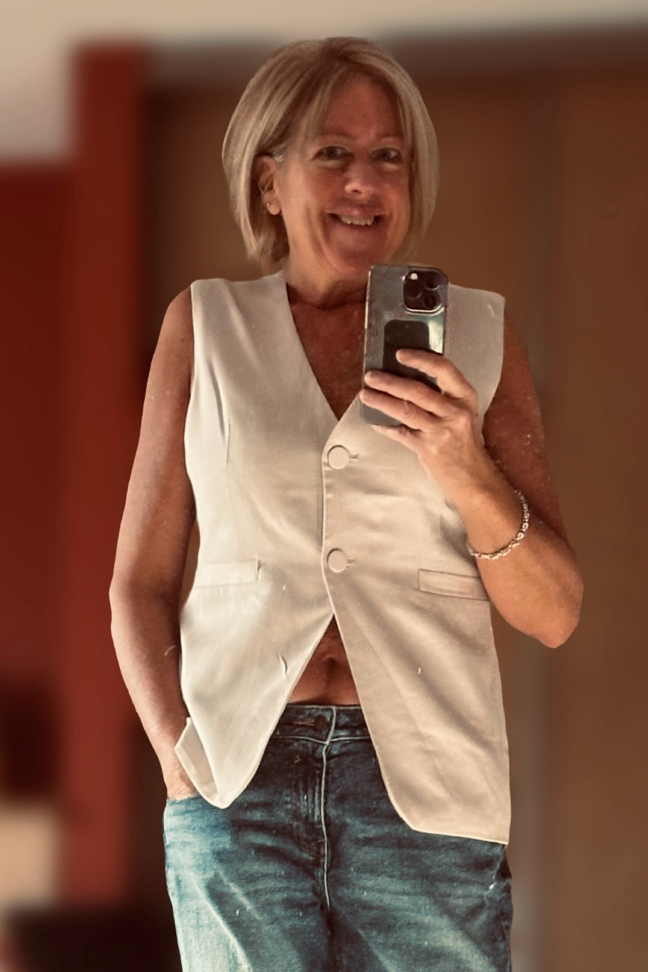 I looked all summer for the perfect vest and just never found it ….. until I recently snagged this one ( I stumbled upon it)   I love how it’s a longer fit with a two button closure .  It’s a beige shade so will go with anything !   
What would you wear this with ?  I’m wearing it with jeans and it just elevates the look .    I think it would also look great with a pair of winter white wide leg dress pants :) .   It’s a heavy cotton and lined .   

Vest @marshalls ( Christian Lacroix)

#sleeveless
#vest
#dressy
#tailored
#lastone
#partyvibes
#fashionablesixties
#simple
#elegant

#LTKpartywear #LTKover50style #LTKcanada