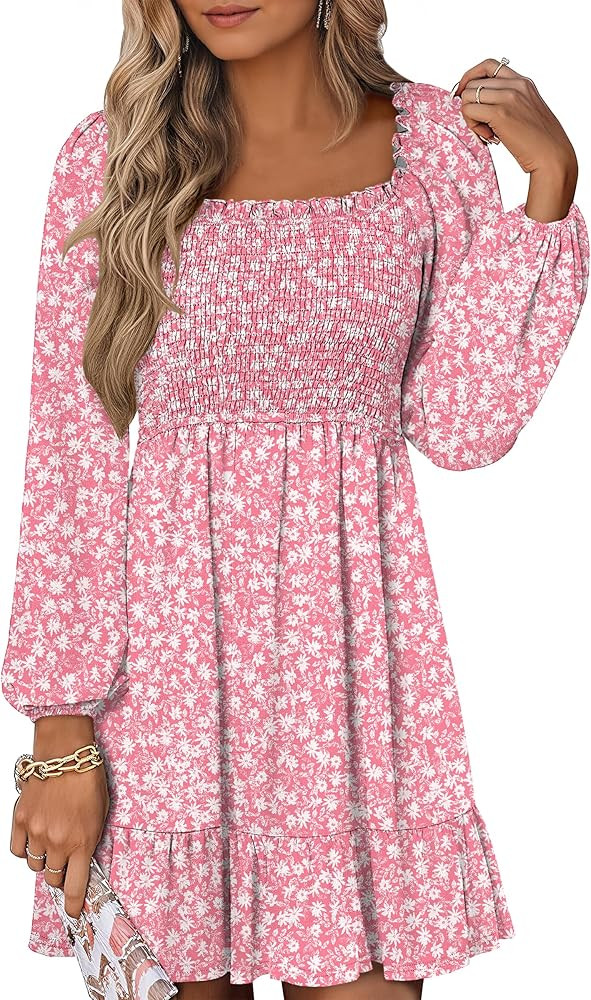 ANRABESS Womens Long Lantern Sleeve Square Neck Dress Smocked Tiered High Waist Ruffle Flowy Swin... | Amazon (US)