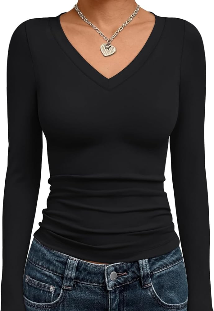 Trendy Queen Long Sleeve Shirts for Women 2025 Fall Fashion V Neck Basics Crop Tops Slim Fitted Y... | Amazon (US)