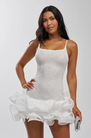 AKIRA Late Night Energy Rhinestone Mini Dress | White | Size XL | AKIRA