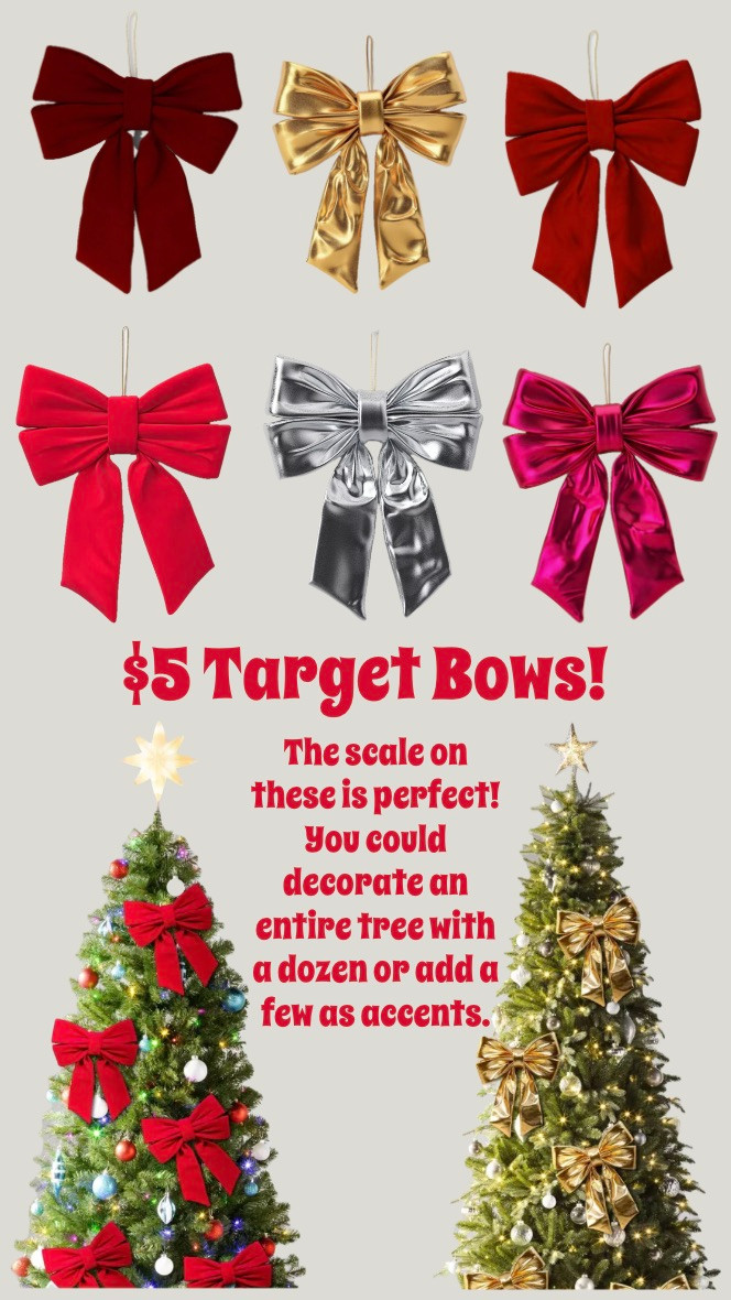 These Target bows are selling quickly! Only $5, available in 6 colors, and such a great size! Large version available for $10, too.
.................
bow ornament christmas bow ornament anthropologie dupe anthro dupe urban decay dupe anthropologie christmas pottery barn dupe pottery barn ornament pottery barn christmas dupe target finds target ornament target new arrival target christmas ornaments target christmas finds target velvet bow target gold bow red bow shiny bow silver bow pink bow christmas tree decor  

 #LTKHoliday #LTKSeasonal #LTKHome