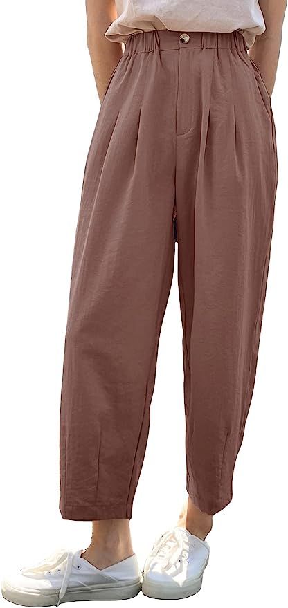 Milumia Women's Casual High Waist Tapered Pants Pleated Cropped Trousers with Pockets | Amazon (US)