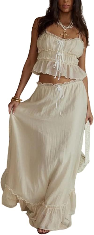 Women 2 Piece Ruffle Maxi Skirt Set Y2k Front Tie Up Tank Top Flowy Ruffle Long Skirts Summer Bea... | Amazon (US)
