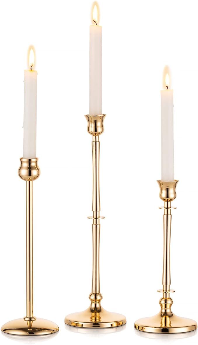 Nuptio Candlestick Holders Gold Candle Holder - Set of 3 Metal Table Candle Holders for Taper Can... | Amazon (US)