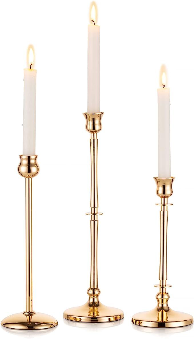 Nuptio Candlestick Holders Gold Candle Holder - Set of 3 Metal Table Candle Holders for Taper Can... | Amazon (US)