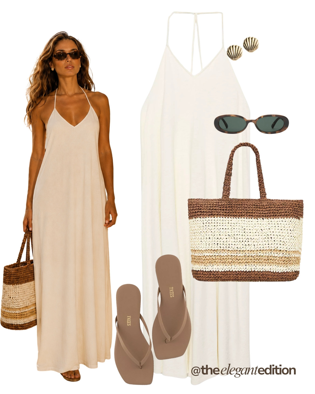 CREAM HALTER MAXI DRESS LOOK 🤍 — Cream halter maxi dress, striped straw tote, shell stud earrings, tortoise sunglasses and taupe flip flops.
#summerdress #oldmoney #LTKsummer #LTKstyletip 

 #LTKsummer #LTKstyletip #LTKdresses