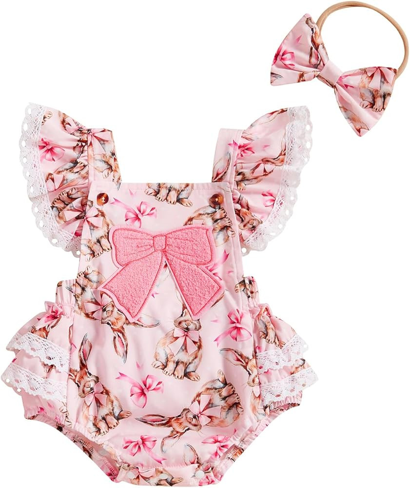 Infant Newborn Baby Girl Easter Outfit Sleeveless Rabbit Print Bow Embroidered Lace Ruffle Romper... | Amazon (US)