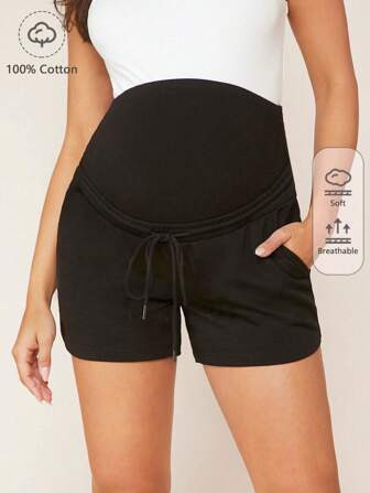SHEIN BASICS Maternity 100% Cotton Drawstring Waist Slant Pocket Shorts | SHEIN