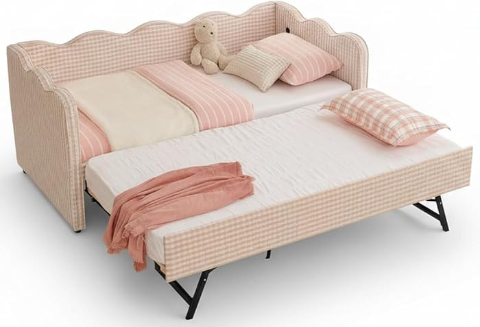 KEIKI Twin Size Upholstery Daybed with Trundle and USB, Twin to King Design Adorable Wave Shaped ... | Amazon (US)