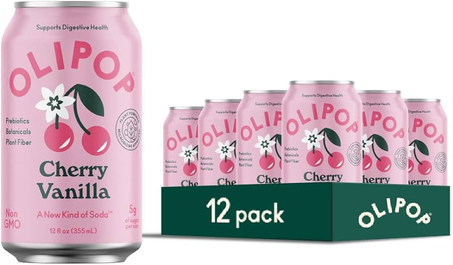 OLIPOP Prebiotic Soda Pop, Cherry Vanilla, A New Kind of Soda Packed with Prebiotics, Fiber, and Botanicals, Gluten Free, Vegan, GMO Free, 12oz (12-Cans) | Amazon (US)
