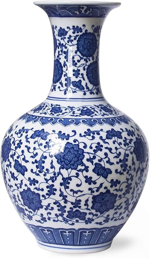 Dahlia Blue and White Vase, Handmade Chinese Porcelain Flower Vase, Lotus Motif, Chinese Bottle S... | Amazon (US)