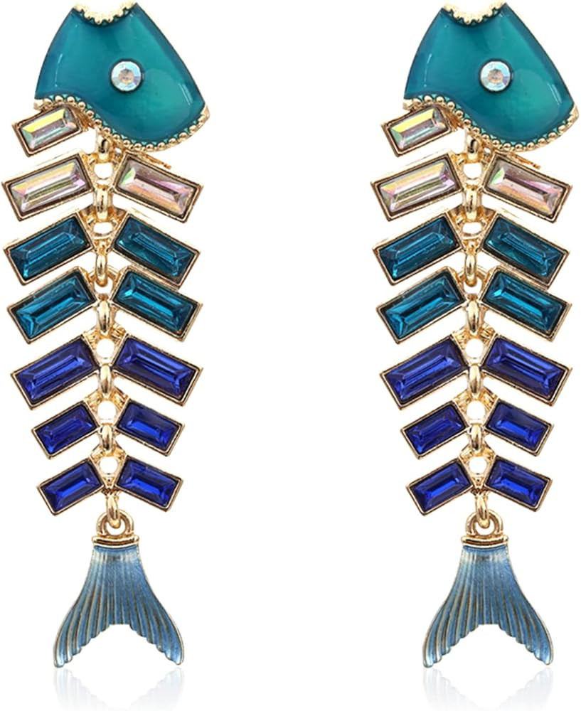 Creative Exaggerated Long Colorful Sparkly Crystal Fish Bone Dangle Drop Earrings Vintage Gold Cu... | Amazon (US)
