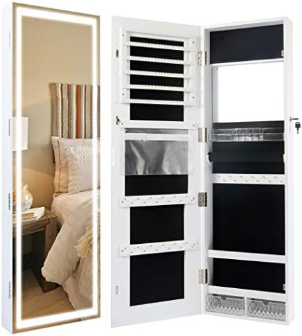 Becko LED Mirror Jewelry Cabinet with 3 Colored Light, Wall/Door Mounted Wooden Jewelry Armoire, ... | Amazon (US)