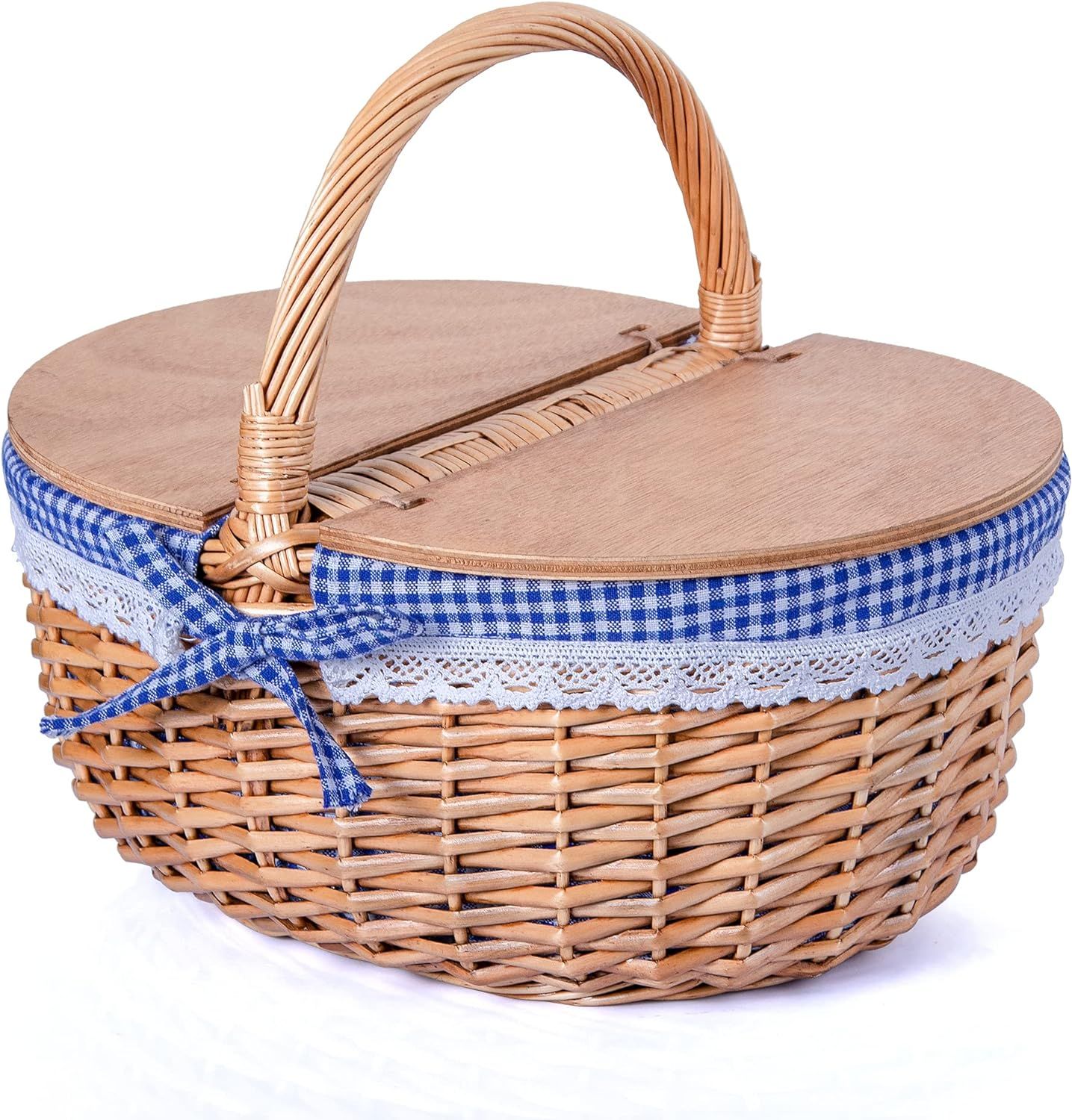 SatisInside Wicker Picnic Basket with Wooden Lids and Washable Liner - Stationary Handle - Blue | Amazon (US)