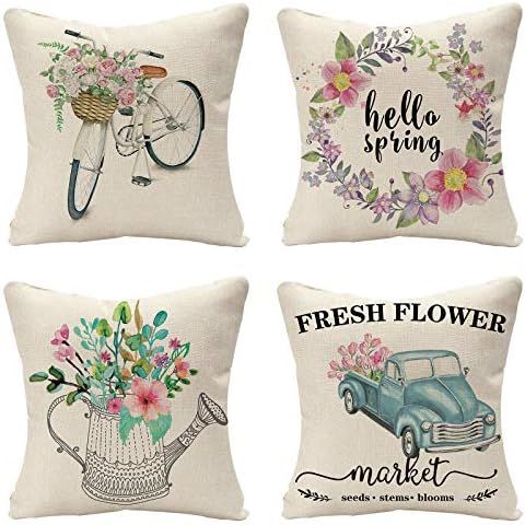 Tosewever Set of 4 Decorative Spring Flower Throw Pillow Covers - Bicycle Car Linen 18 x 18 Inche... | Amazon (US)