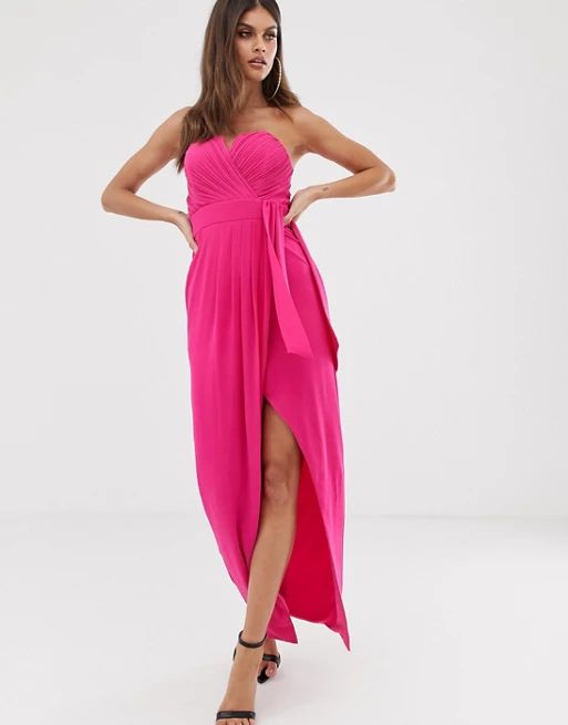 TFNC bandeau wrap midaxi dress with pleated detail in fuchsia | ASOS UK