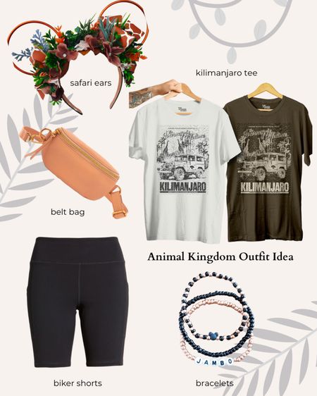 Animal kingdom outfit, Kilimanjaro tee, biker shorts, bracelet set, tan belt bag, safari ears, giraffe ears, theme park outfit

#LTKtravel #LTKstyletip #LTKFind