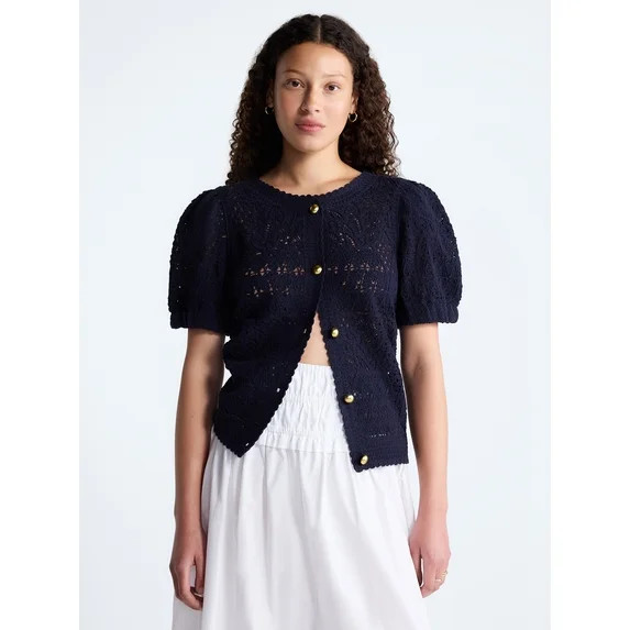 Free Assembly Women's and Women's Plus Pineapple Cardigan Sweater with Short Puff Sleeves, Lightw... | Walmart (US)