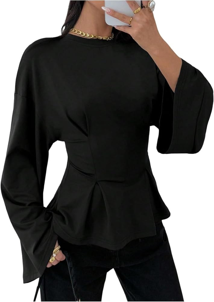 SweatyRocks Women's Bell Sleeve Cinched Waist Dressy T Shirts Pleated Crewneck Work Business Casual Tops | Amazon (US)