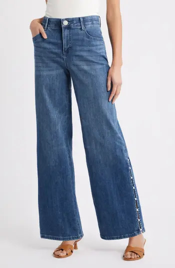Sam High Waist Faux Pearl Detail Wide Leg Jeans | Nordstrom