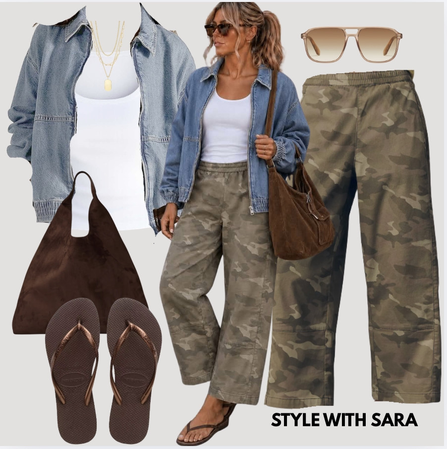 Okay, this entire outfit is such a vibe! You already know I love a good camo moment, and these camo pants look so cute with this denim bomber jacket.

It’s the perfect transitional outfit going into fall because you can easily style it with sneakers or flip-flops. It’s still pretty warm here in Iowa, so I went with the flip-flops. If I get hot, I can always take off the jacket—but honestly… don’t take it off. 😂 It completes the entire look!

You need this outfit! Comment OUTFIT and I’ll send you the link to the entire vibe.

#LTKgrwm #LTKmomlife #LTKdayinmylife