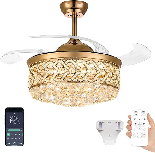 42 Inch Crystal Chandelier Ceiling Fan with Lights and Remote Dimmable 500-6500K Retractable Ceil... | Amazon (US)