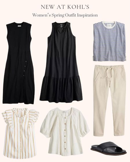 New at Kohl’s. Women’s spring outfit inspiration. Travel outfit. Sandals. Black slide sandals. Puff sleeve button down top. Sleeveless Vneck maxi dress. Sleeveless button front ruffle top. Striped sleeveless sweatshirt. Commuter pants. Black snap front midi dress  

#LTKmidsize #LTKfindsunder100 #LTKover40