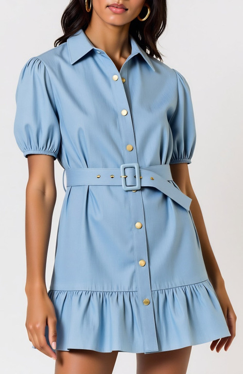 Modenaire Short Sleeve Belted Button-Up Mini Dress with Puff Sleeves in Blue at Nordstrom, Size Small | Nordstrom