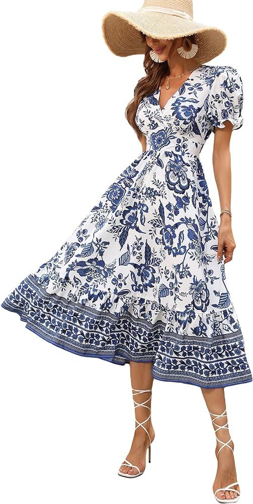 Cozyease Women's Allover Floral Print A Line Dress Puff Sleeve Surplice Neck Maxi Dress | Amazon (US)