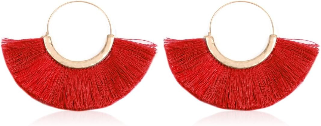 Bohemian Silky Thread Tassel Strand Fringe Statement Hoop Earrings - Lightweight Semi Circle Fan ... | Amazon (US)
