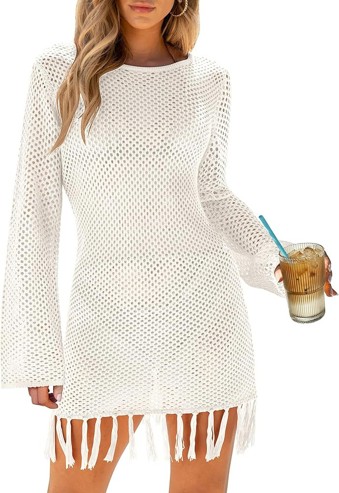 ANRABESS Women Swimsuit Crochet Cover Up Summer 2024 Swim Bathing Suit Swimwear Mesh Knit Tassel ... | Amazon (US)