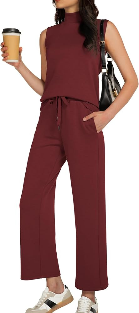 Women's Summer 2 Piece Outfits Mock Neck Tank Top Cropped Wide Leg Pants Lounge Sets 2025 Fashion... | Amazon (US)