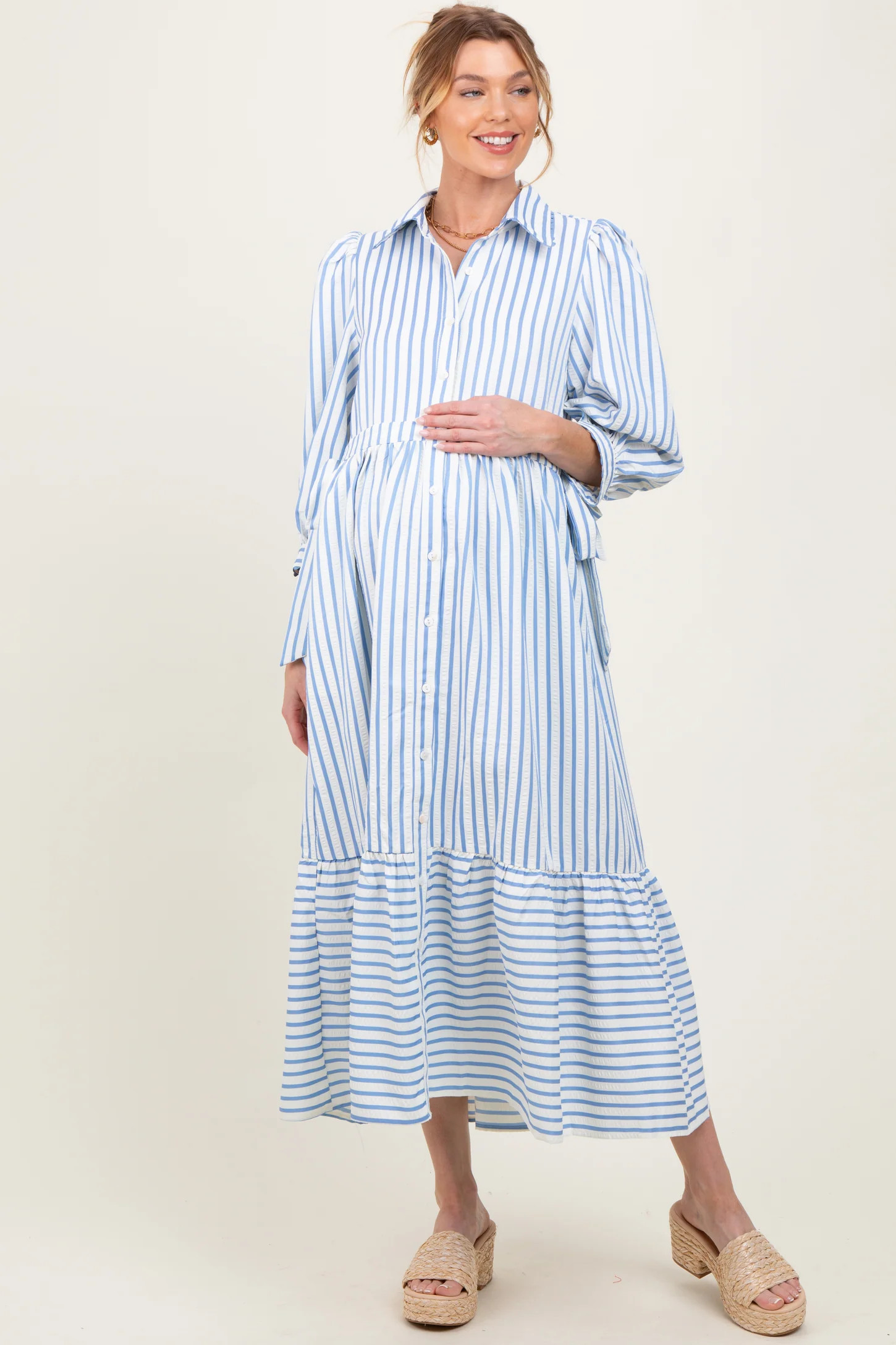 Blue Striped Collar Maternity Maxi Dress | PinkBlush Maternity