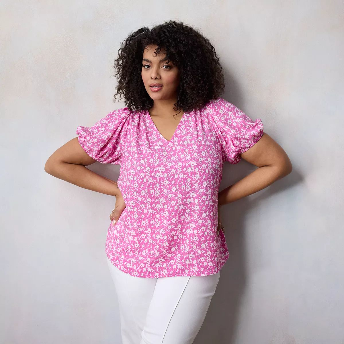 Plus Size LC Lauren Conrad V-Neck Short Puff Sleeve Woven Top | Kohl's