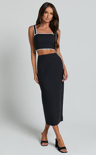 Rita Two Piece Set - Linen Look Contrast Crop Top and Pencil Midi Skirt Set in Black | Showpo (US, UK & Europe)