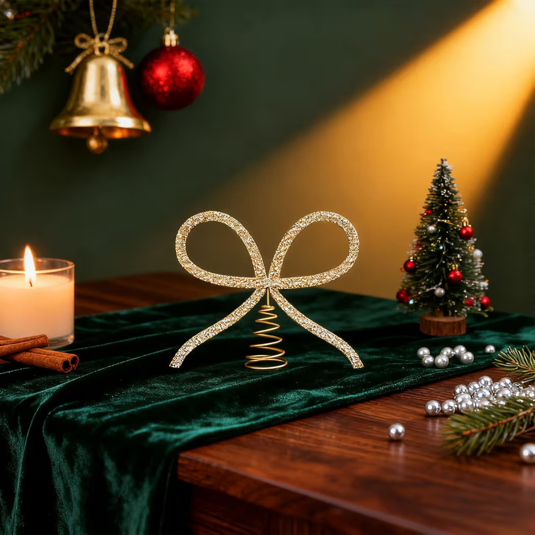 8Inch Large Christmas Metal Bow Tree Topper Ornaments, Gold Glass Rhinestone Bow Tree Topper, Rus... | Amazon (US)