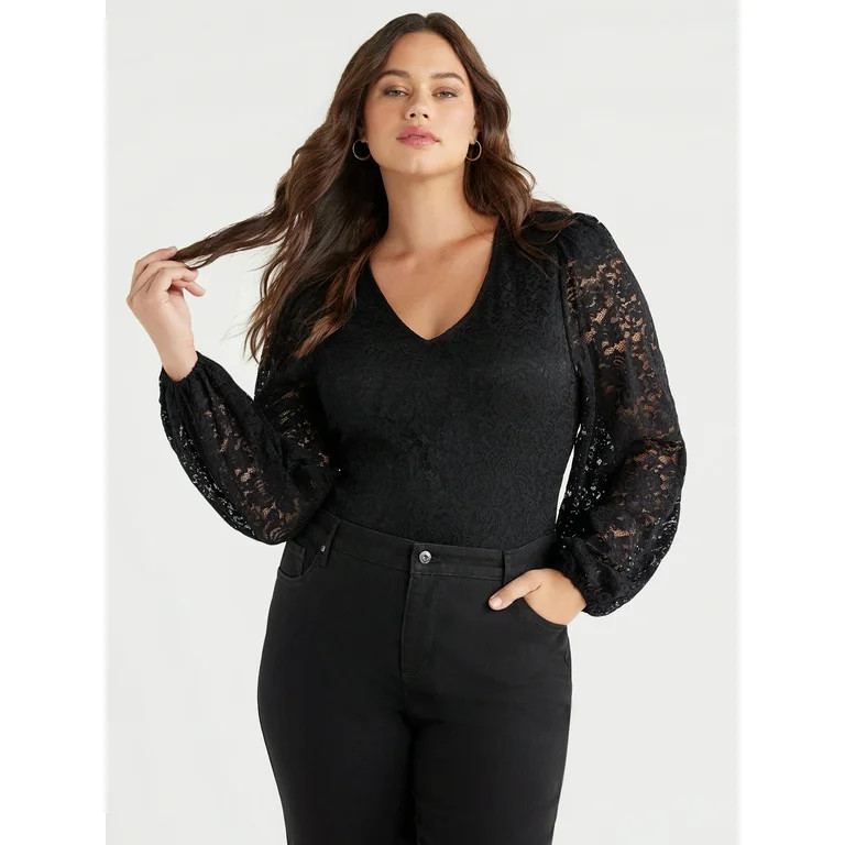 Sofia Jeans Women's Plus Size Lace Bodysuit with Blouson Sleeves, Sizes 1X-5X - Walmart.com | Walmart (US)