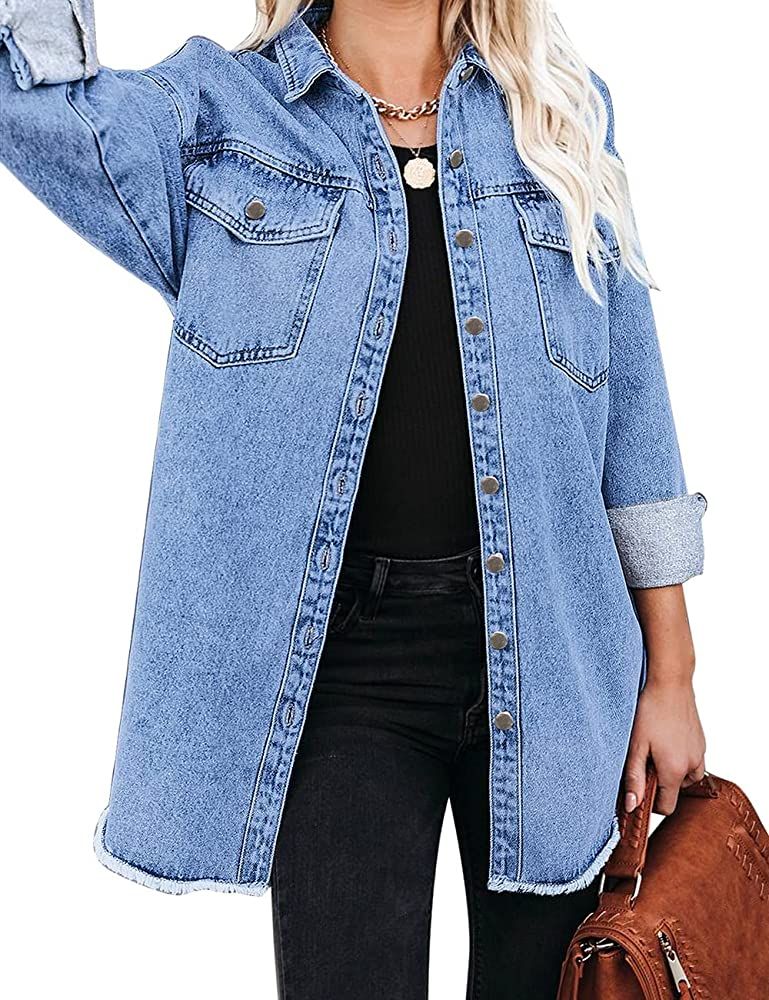 Vetinee Women’s Front Button Up Frayed Raw Hem Long Sleeve Pockets Denim Jean Jacket | Amazon (US)
