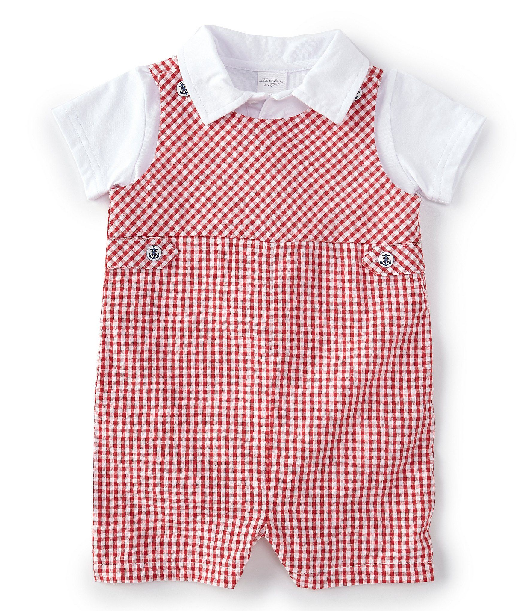 Baby Boys Newborn-24 Months Point Collar Tee & Anchor Button Gingham Seersucker Shortall Romper 2... | Dillard's