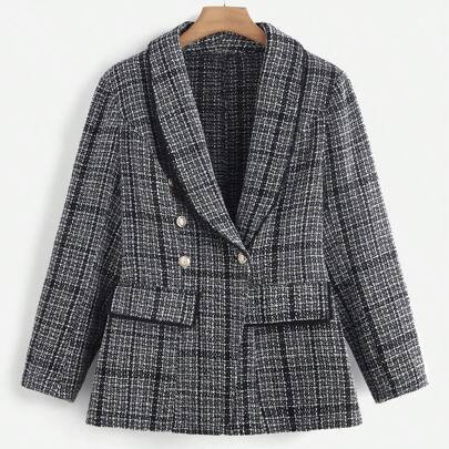 Plus Size Women Elegant Plaid Long Sleeve Blazer With Metal Button Design, Lapel Collar, Autumn | SHEIN
