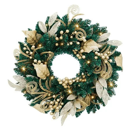 18 Inch Christmas Wreaths with LED Lights, Artificial Pre-Lit Christmas Wreath with Gold Flowers and Berries for Front Door | Walmart (US)