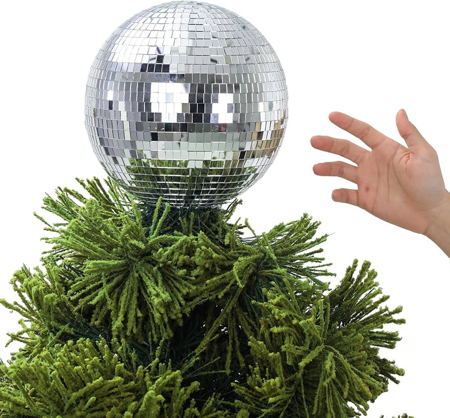 Leyndo 8'' Disco Ball Christmas Tree Topper Disco Mirror Ball Xmas Tree Topper 3D Hollow Silver D... | Amazon (US)