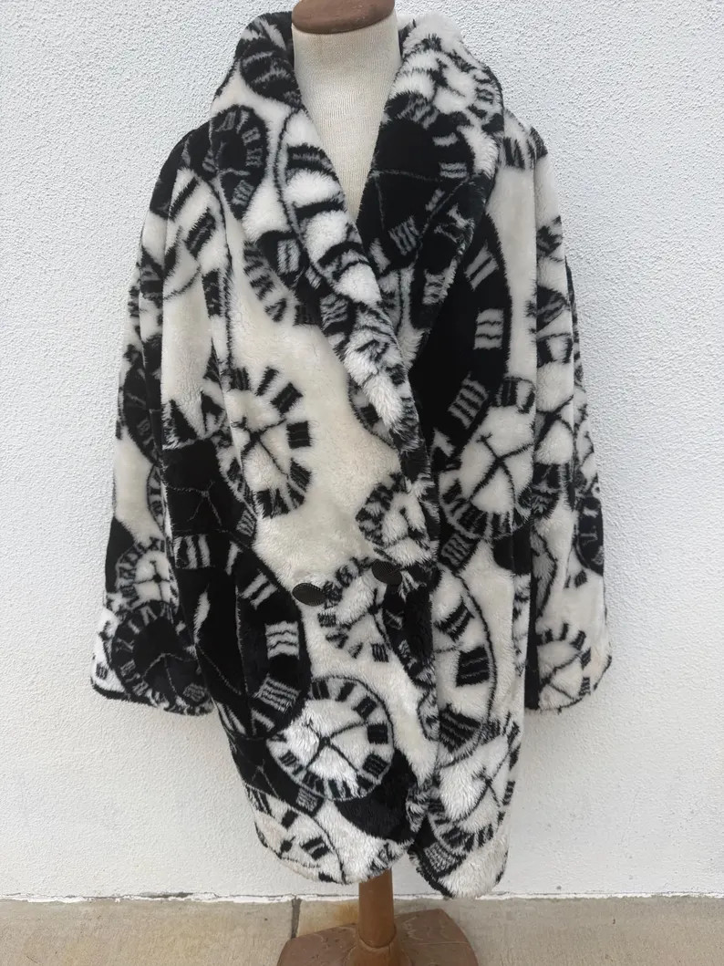 Authentic Vintage 1980s Mariel Faux Fur Clock Print Statement Wrap Coat SZ L | Etsy (Global)