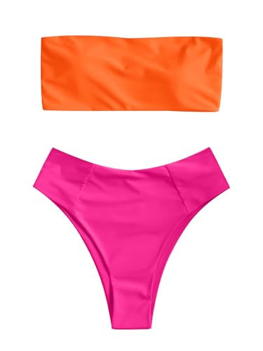 ZAFUL Women's High Cut Bandeau Bikini Set Strapless Solid Color 2 Pieces Bathing Suit Swimsuit (0-Orange Colorblock,L) | Amazon (US)