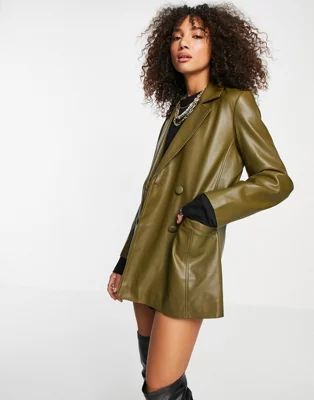 Topshop faux leather double breasted blazer in khaki | ASOS | ASOS (Global)