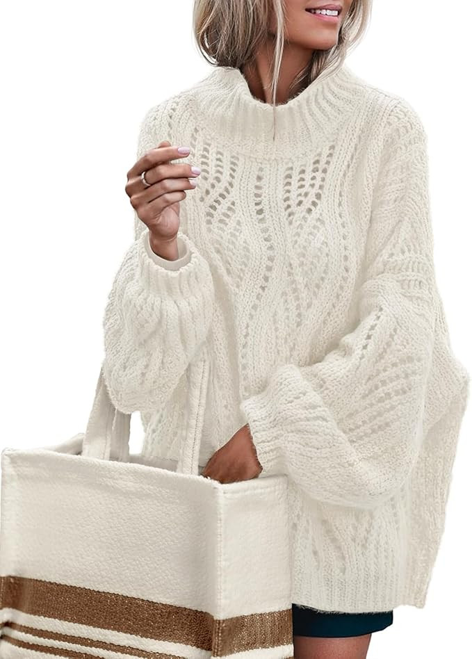 MEROKEETY Fall Sweaters for Women 2025 Oversized Pullover Crochet Lantern Long Sleeve Mock Neck C... | Amazon (US)