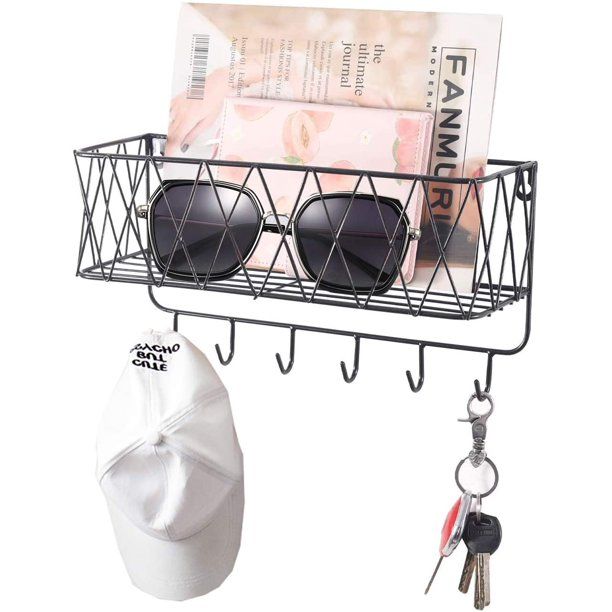 Wall Mount Metal Entryway Storage Organizer Mail Sorter Basket with 6 Key Hooks, Entryway Storage... | Walmart (US)