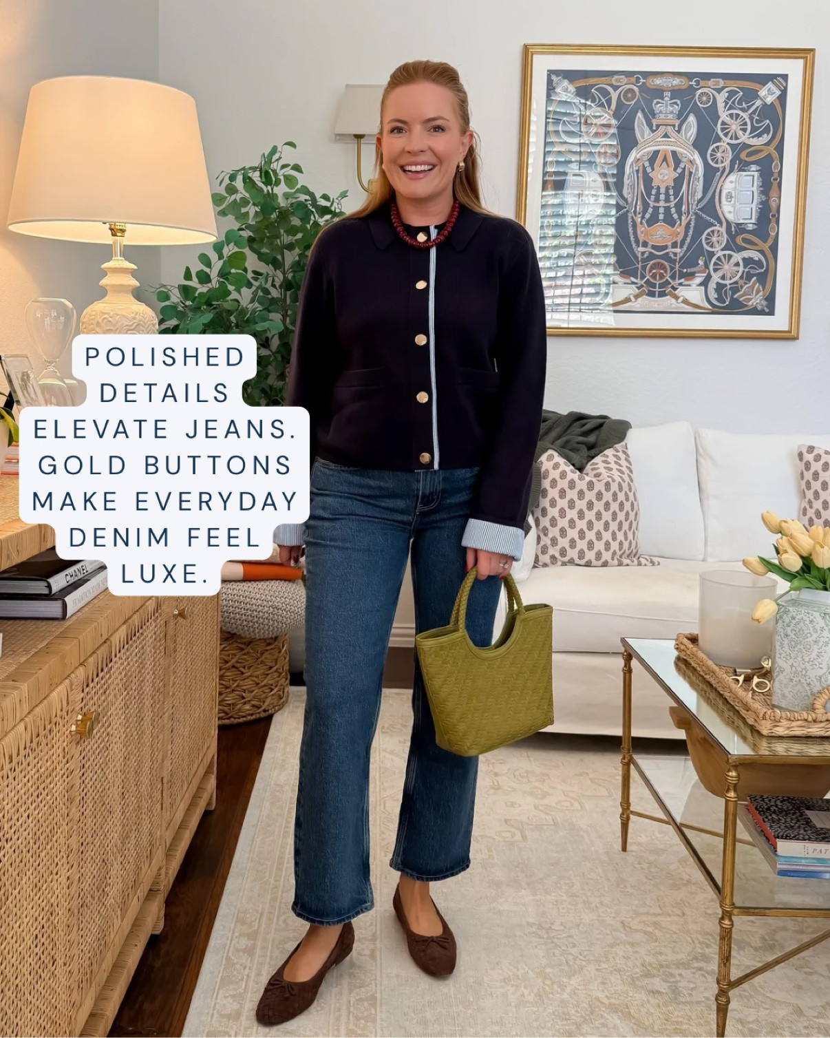 Wearing 28 short in jeans and medium in the jacket — both true to size.
Polished details elevate everyday jeans. A navy lady jacket with gold buttons makes classic medium wash denim feel luxe and ladylike — it's the dressy-meets-casual contrast that makes the outfit. An easy elevated jeans outfit for fall lunches and office days.
#ladyjacket #goldbuttons #elevatedcasual #mediumwashjeans #falloutfitinspo