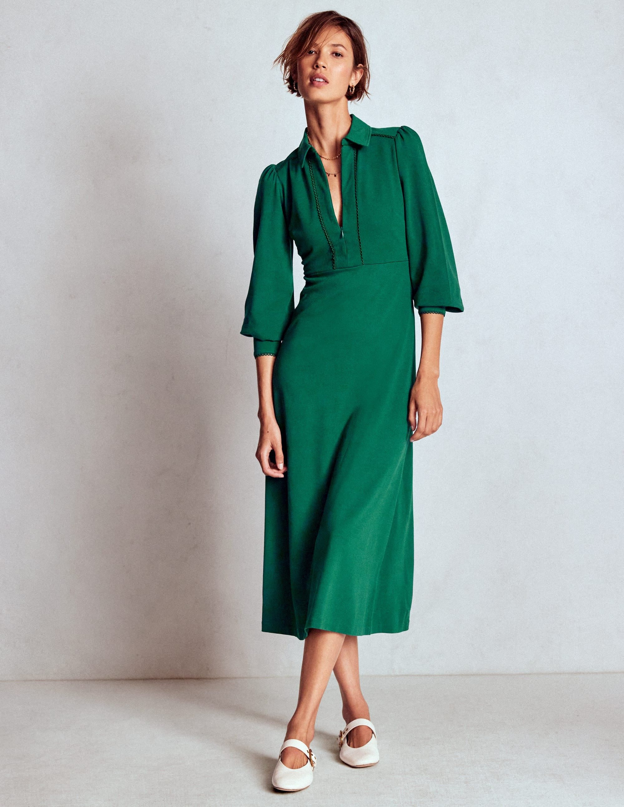 Pip Zip-Up Ponte Midi Dress-Emerald Night | Boden (US)