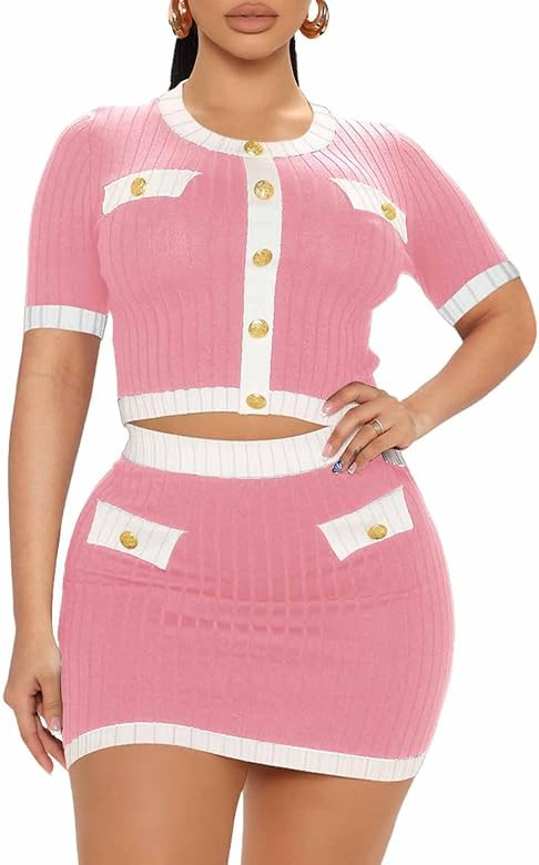 MOEENCN 2 Piece Skirt Outfits for Women Long Sleeve Button Crop Top Sexy Bodycon Mini Elegant Dre... | Amazon (US)